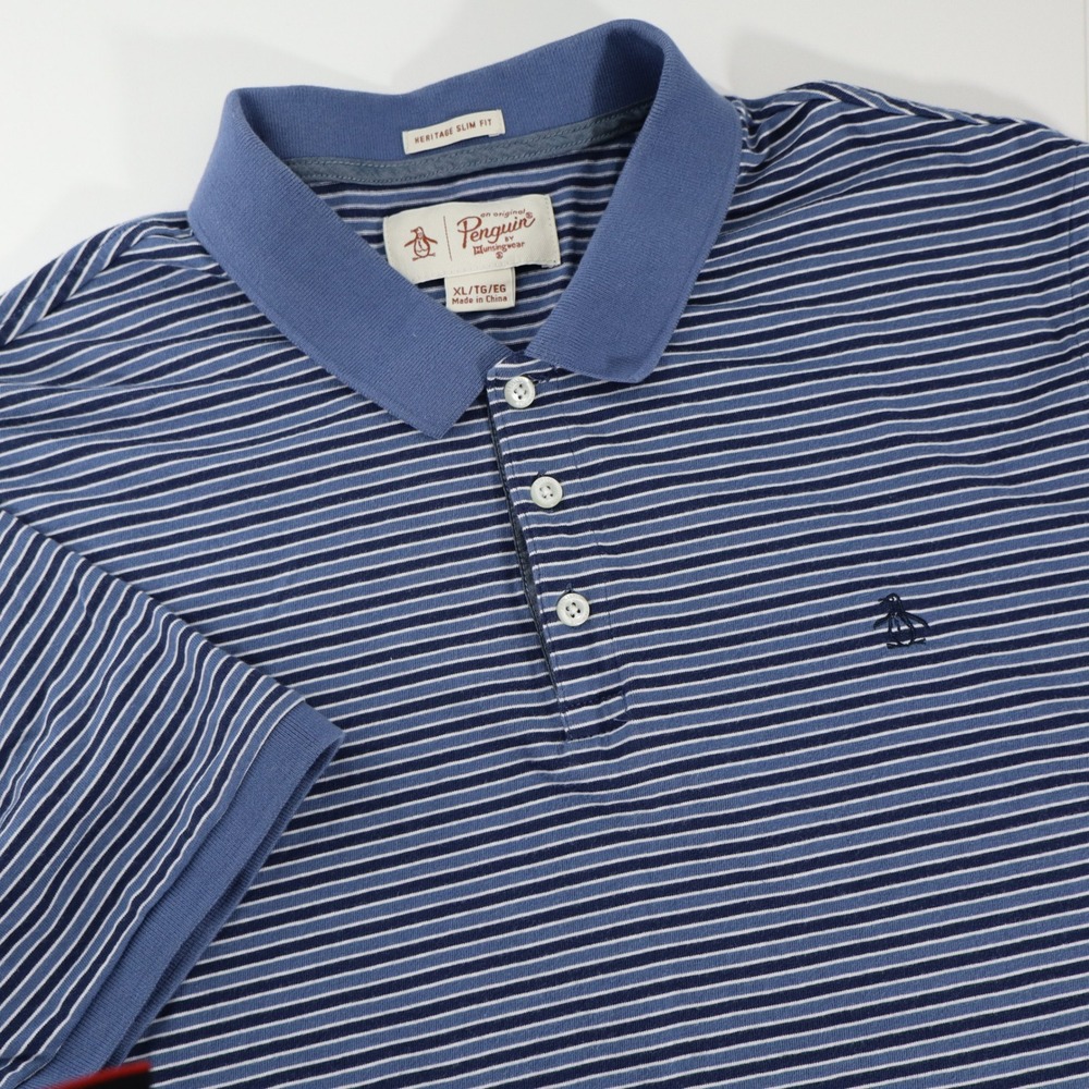 Original Penguin Heritage Slim Fit Polo Shirt Mens XL Blue Striped OP4588 Cotton